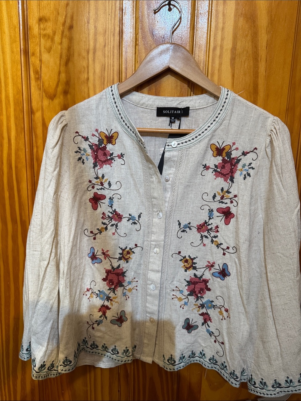 Solitaire Cream Button-Front Blouse with Multicolor Floral Embroidery